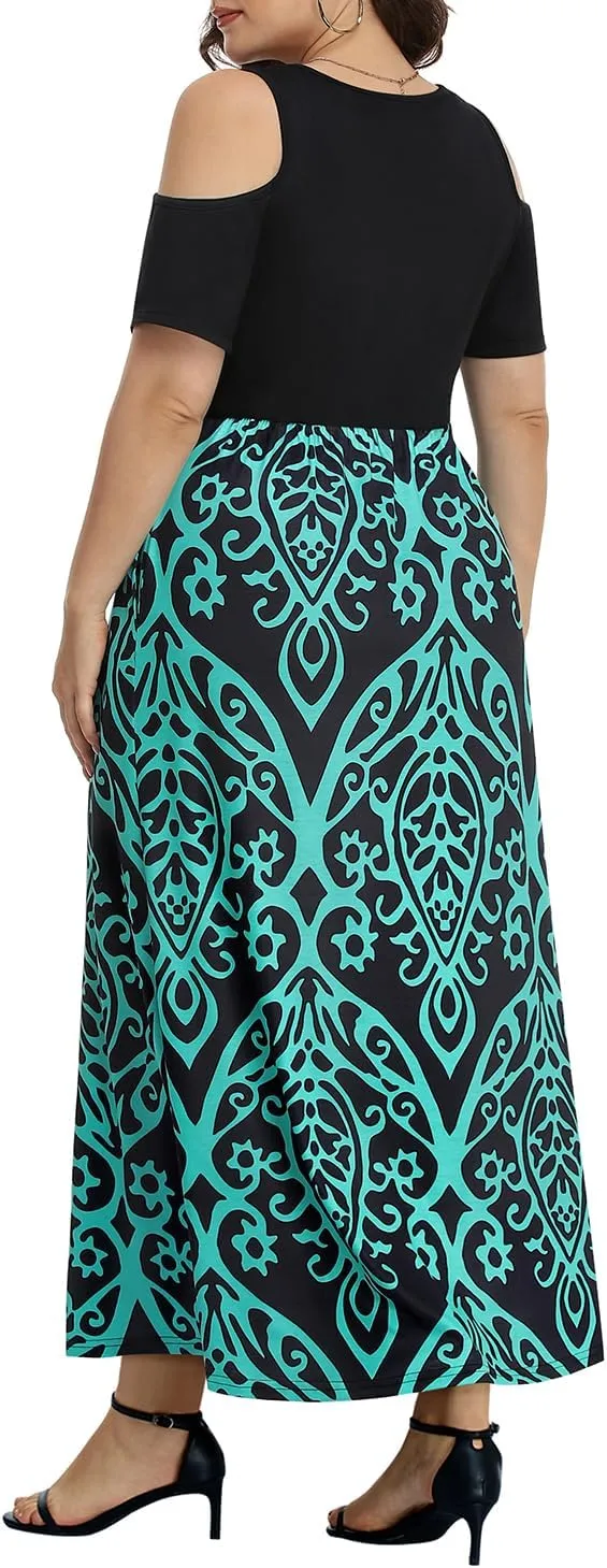 Pinup Fashion Women's Plus Size Summer Cold Shoulder Sundress Casual Long Maxi Dresses with Pockets