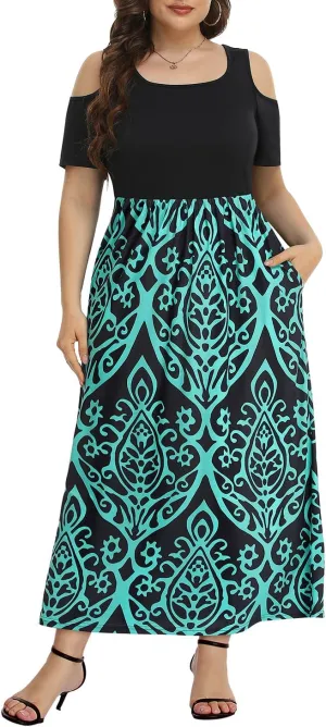 Pinup Fashion Women's Plus Size Summer Cold Shoulder Sundress Casual Long Maxi Dresses with Pockets