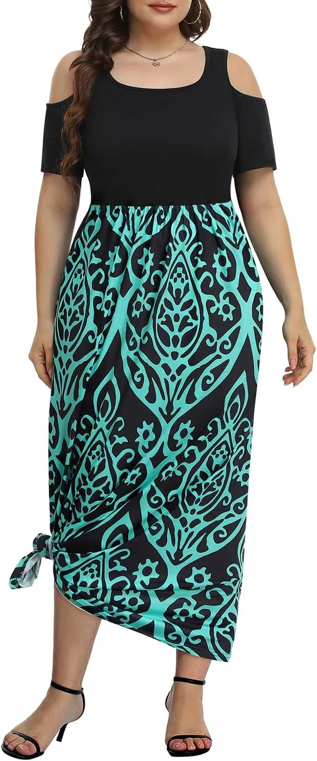 Pinup Fashion Women's Plus Size Summer Cold Shoulder Sundress Casual Long Maxi Dresses with Pockets