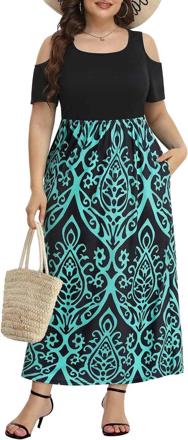 Pinup Fashion Women's Plus Size Summer Cold Shoulder Sundress Casual Long Maxi Dresses with Pockets
