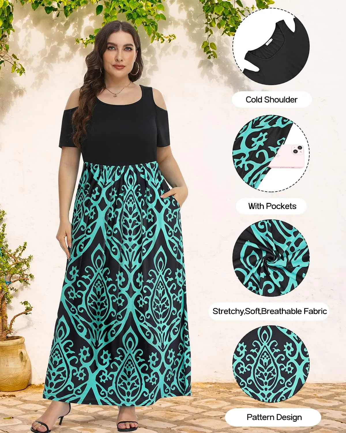 Pinup Fashion Women's Plus Size Summer Cold Shoulder Sundress Casual Long Maxi Dresses with Pockets