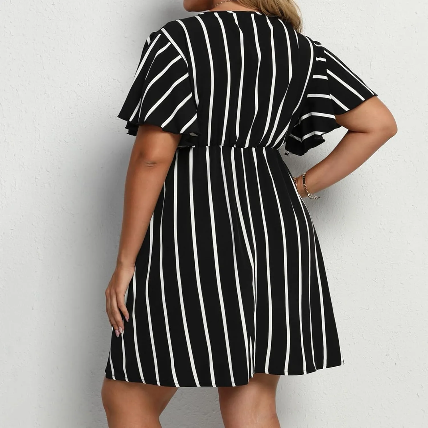 Plus Size Dresses for Curvy Women Short Sleeve V Neck Tunic Mini Dress Summer Casual Striped The Waist Sundress 2025