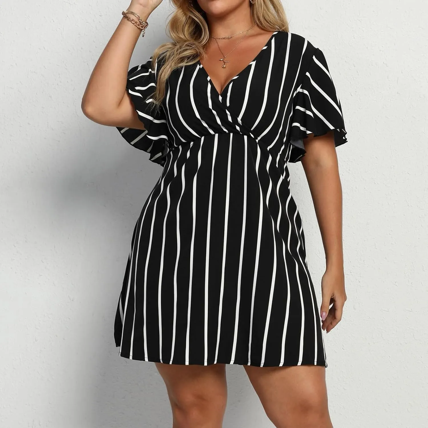 Plus Size Dresses for Curvy Women Short Sleeve V Neck Tunic Mini Dress Summer Casual Striped The Waist Sundress 2025