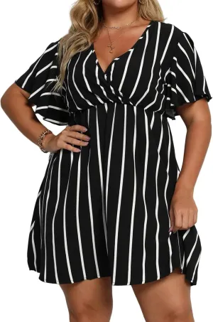 Plus Size Dresses for Curvy Women Short Sleeve V Neck Tunic Mini Dress Summer Casual Striped The Waist Sundress 2025