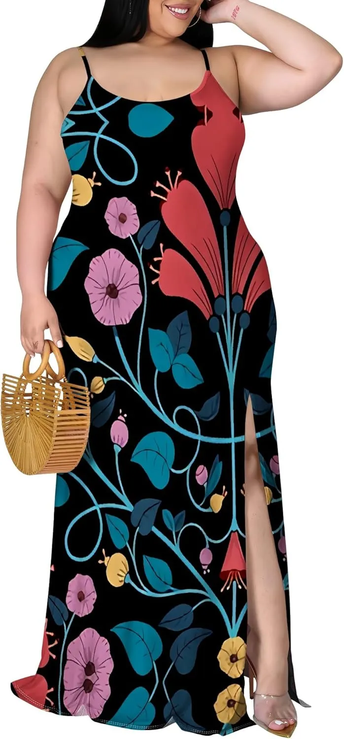 Plus Size Womens Casual Sleeveless Sundress Summer Spaghetti Strap Side Split Long Beach Maxi Dress Elegant Wedding Evening
