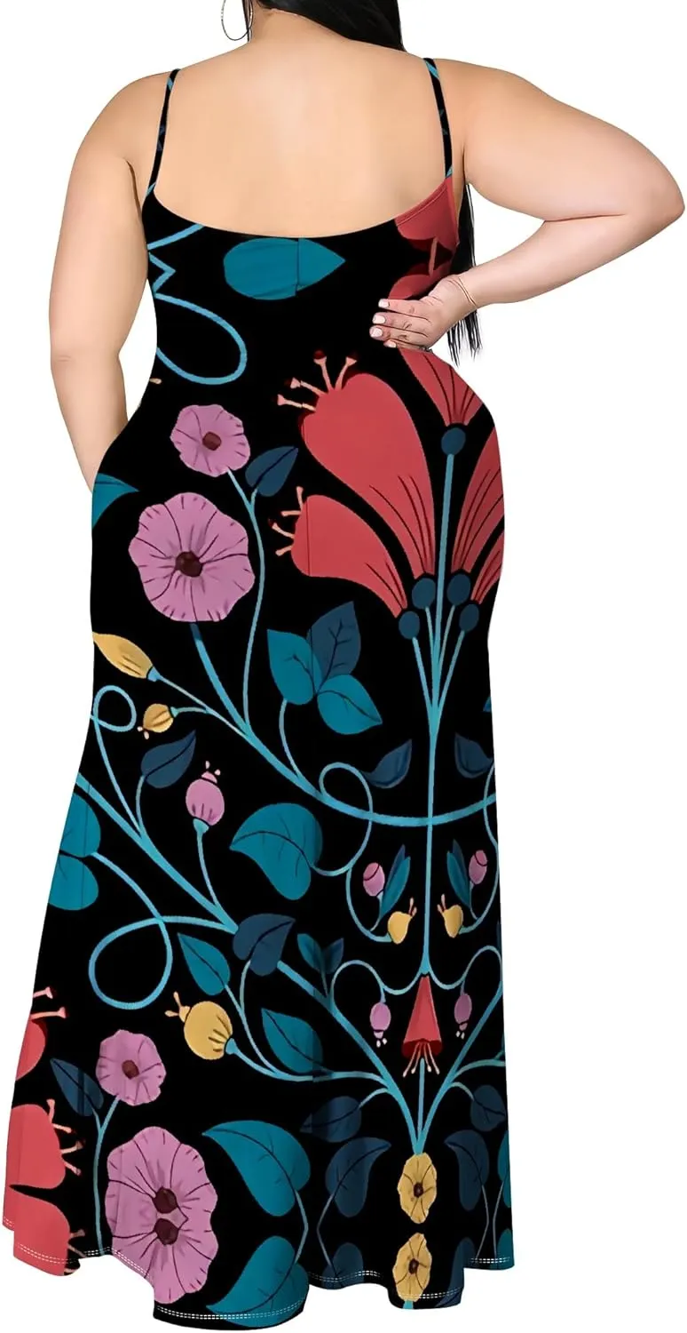 Plus Size Womens Casual Sleeveless Sundress Summer Spaghetti Strap Side Split Long Beach Maxi Dress Elegant Wedding Evening