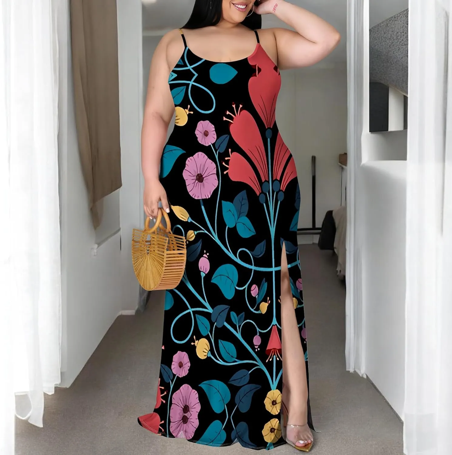 Plus Size Womens Casual Sleeveless Sundress Summer Spaghetti Strap Side Split Long Beach Maxi Dress Elegant Wedding Evening