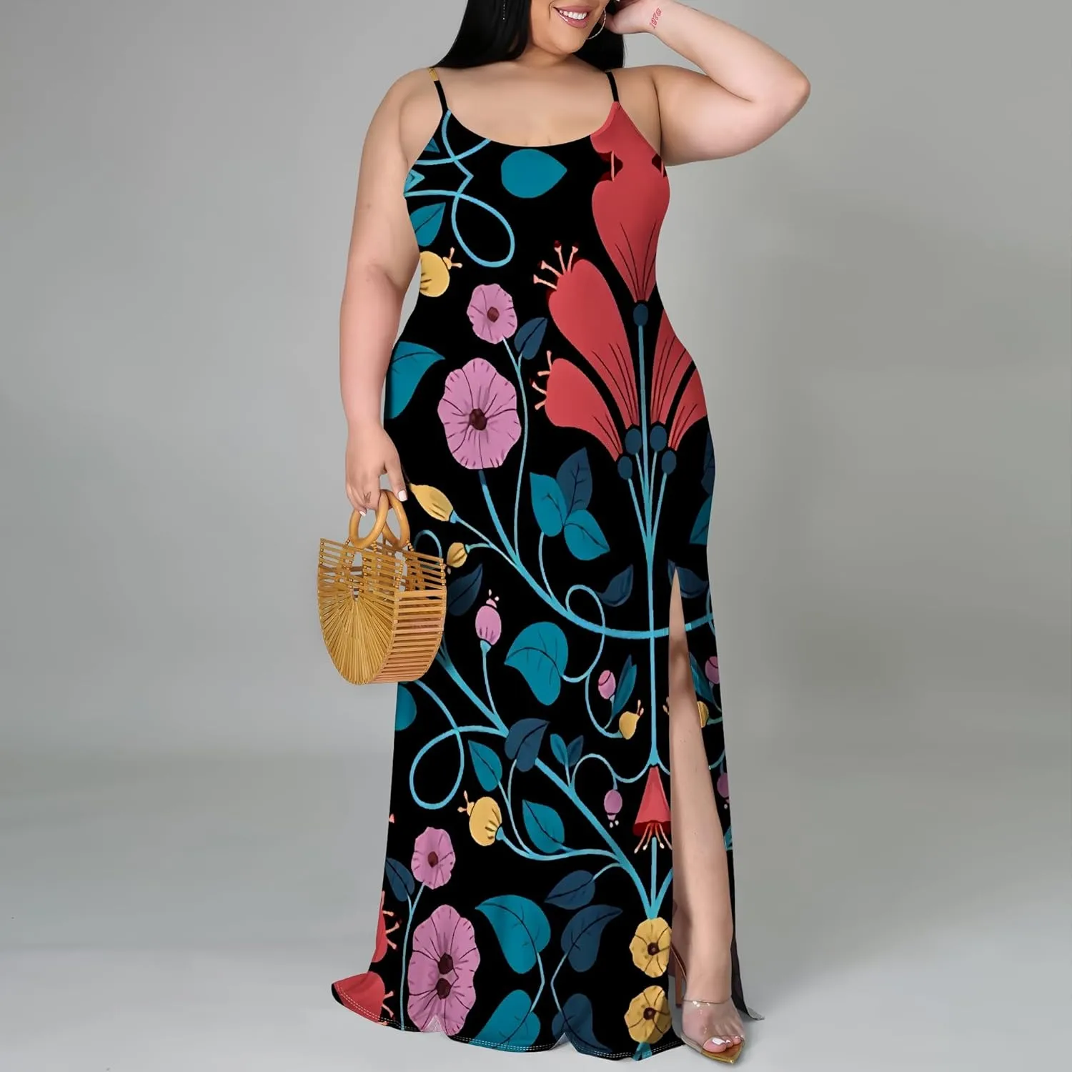 Plus Size Womens Casual Sleeveless Sundress Summer Spaghetti Strap Side Split Long Beach Maxi Dress Elegant Wedding Evening