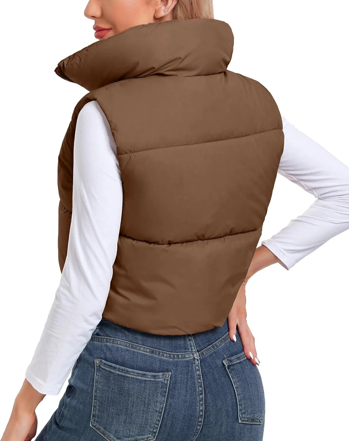 Polu Women's Cropped Puffer Vest Jacket Sleeveless Winter High Stand Collar Lightweight Vest for Women with Zip Gilet