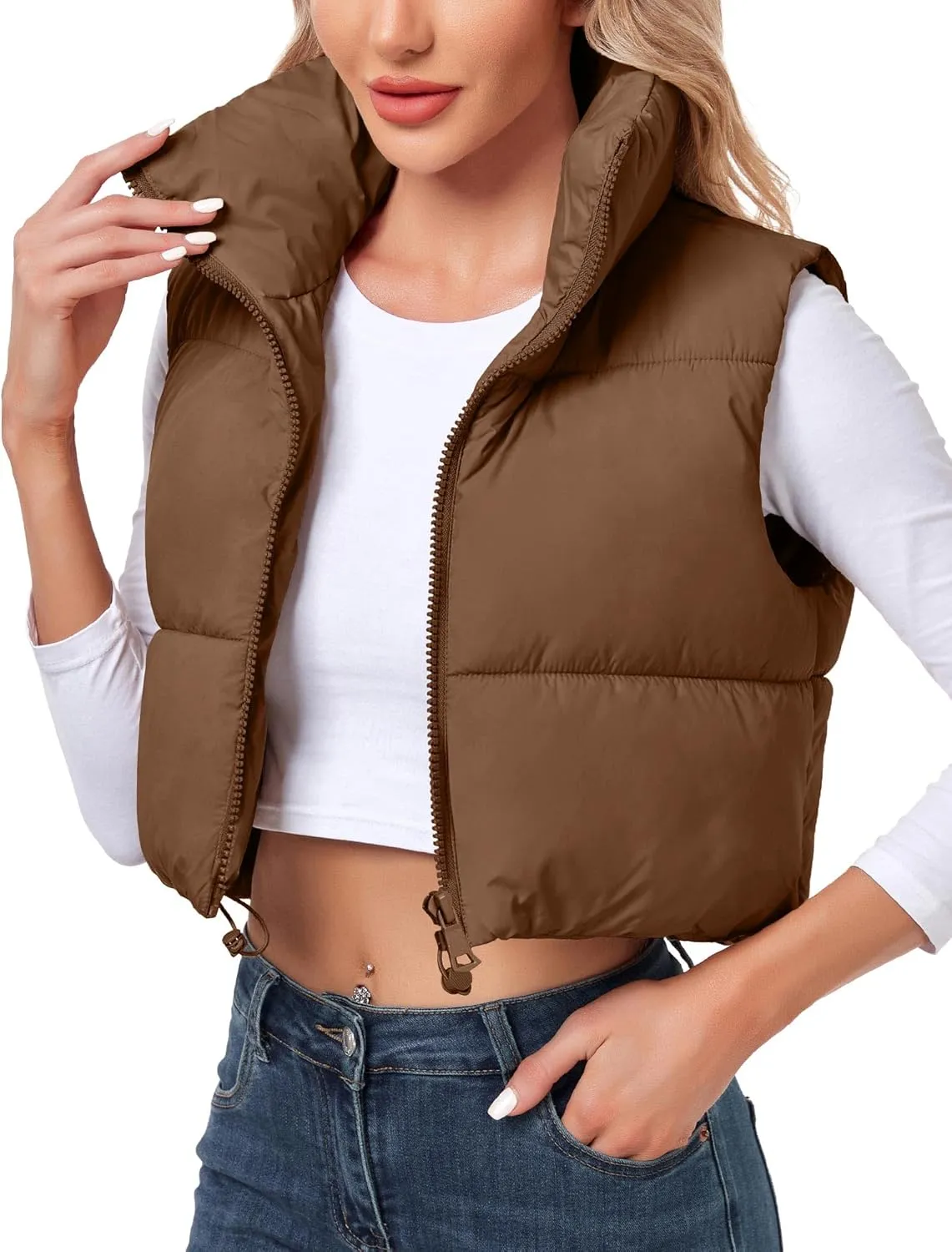 Polu Women's Cropped Puffer Vest Jacket Sleeveless Winter High Stand Collar Lightweight Vest for Women with Zip Gilet
