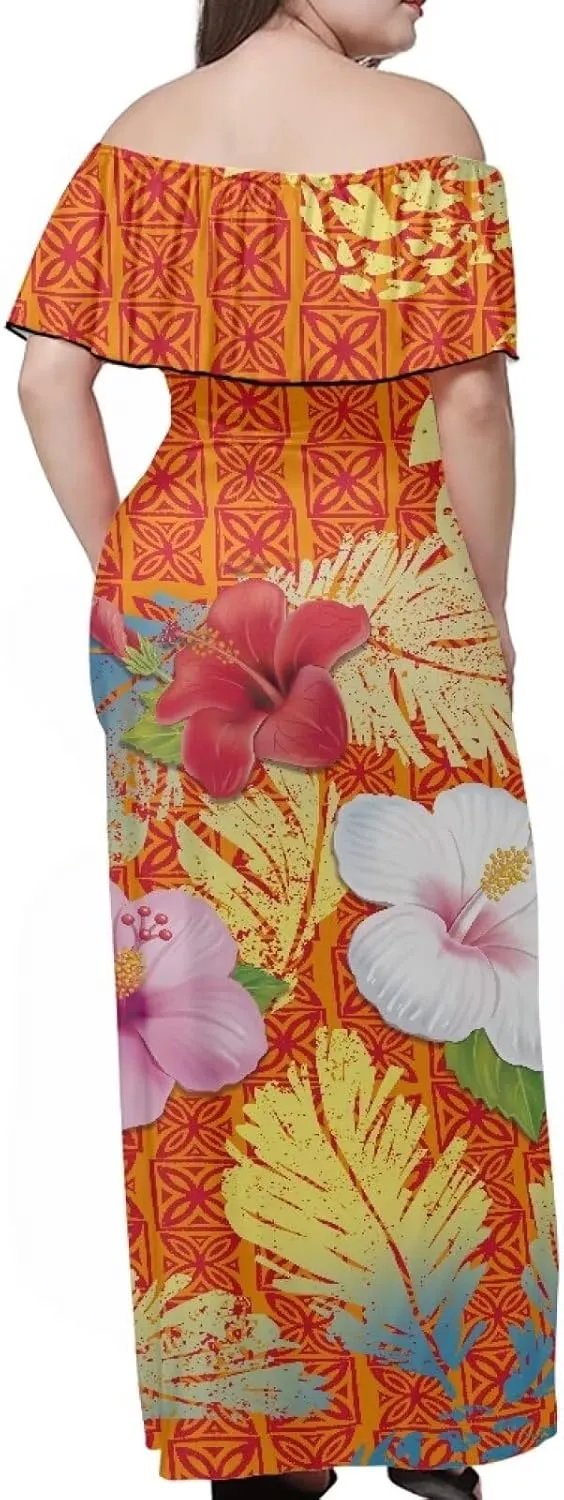 Polynesian Puletasi Samoa Loose Midi Swing Dress Womens Off The Shoulder Ruffle Party Dresses Puletasi Dress