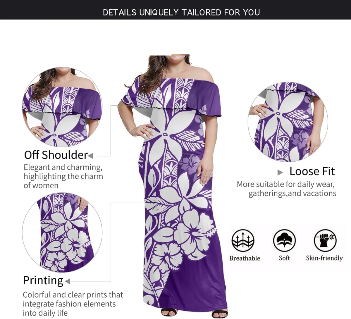 Polynesian Puletasi Samoa Loose Midi Swing Dress Womens Off The Shoulder Ruffle Party Dresses Puletasi Dress