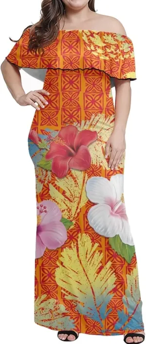 Polynesian Puletasi Samoa Loose Midi Swing Dress Womens Off The Shoulder Ruffle Party Dresses Puletasi Dress