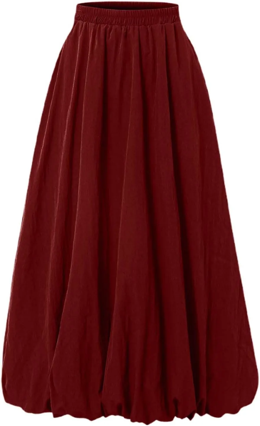 Pompon Bouffant Skirts for WomenBohemian Style Midi Skirt with Stretch A Line Trendy Summer Loose Skirts
