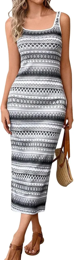 PRETTYGARDEN Tank Dress for Women 2025 Summer Casual Striped Maxi Dresses Fitted Square Neck Beach Vacation Bohemian Sundress