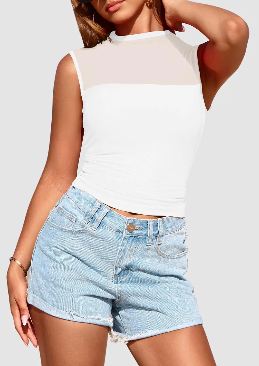 PRETTYGARDEN Women's Sheer Mesh Tank Tops 2025 Summer Trendy Casual Mock Neck Sleeveless Ruched Slim Fitted Going Out Shirts