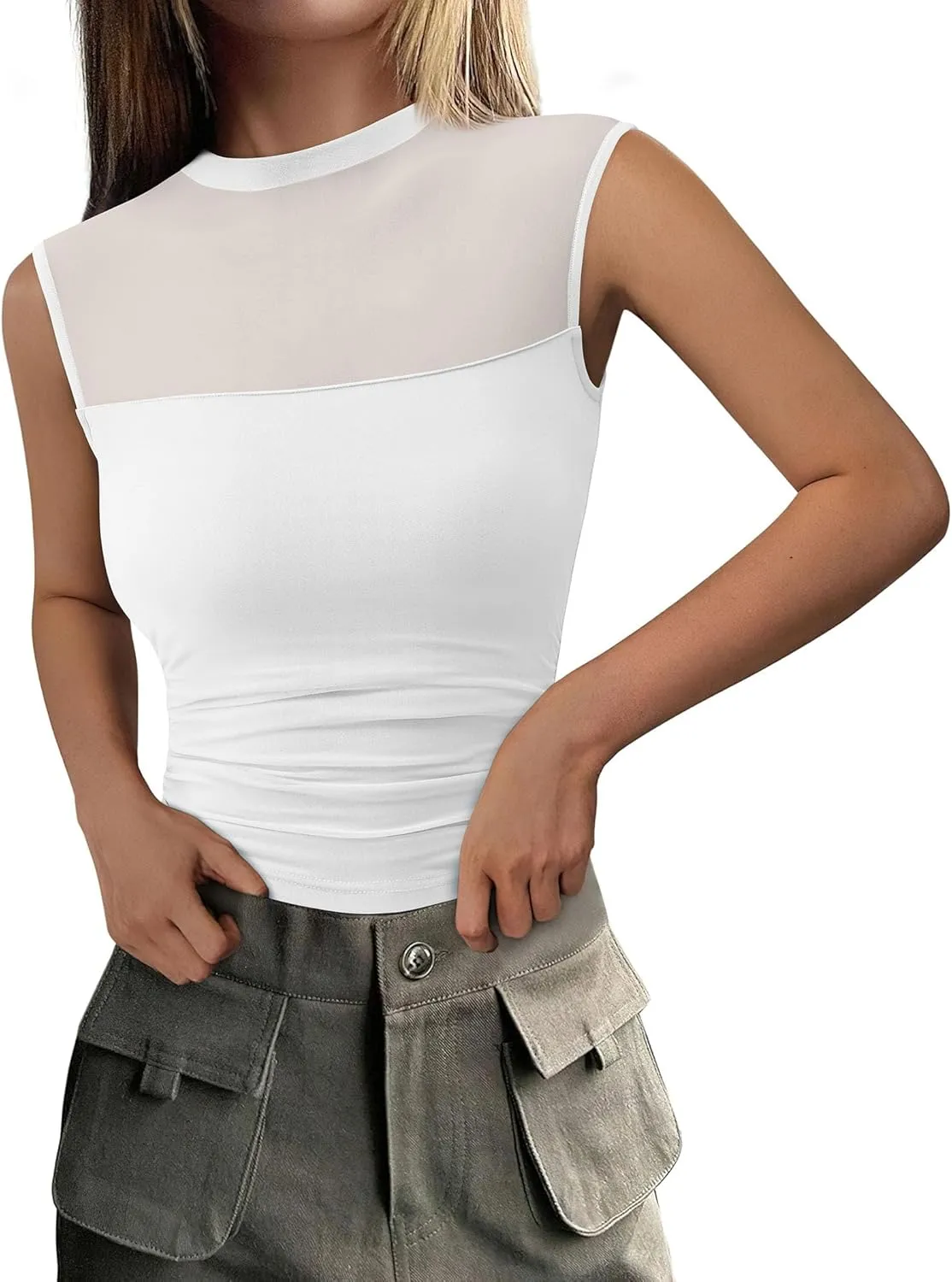 PRETTYGARDEN Women's Sheer Mesh Tank Tops 2025 Summer Trendy Casual Mock Neck Sleeveless Ruched Slim Fitted Going Out Shirts