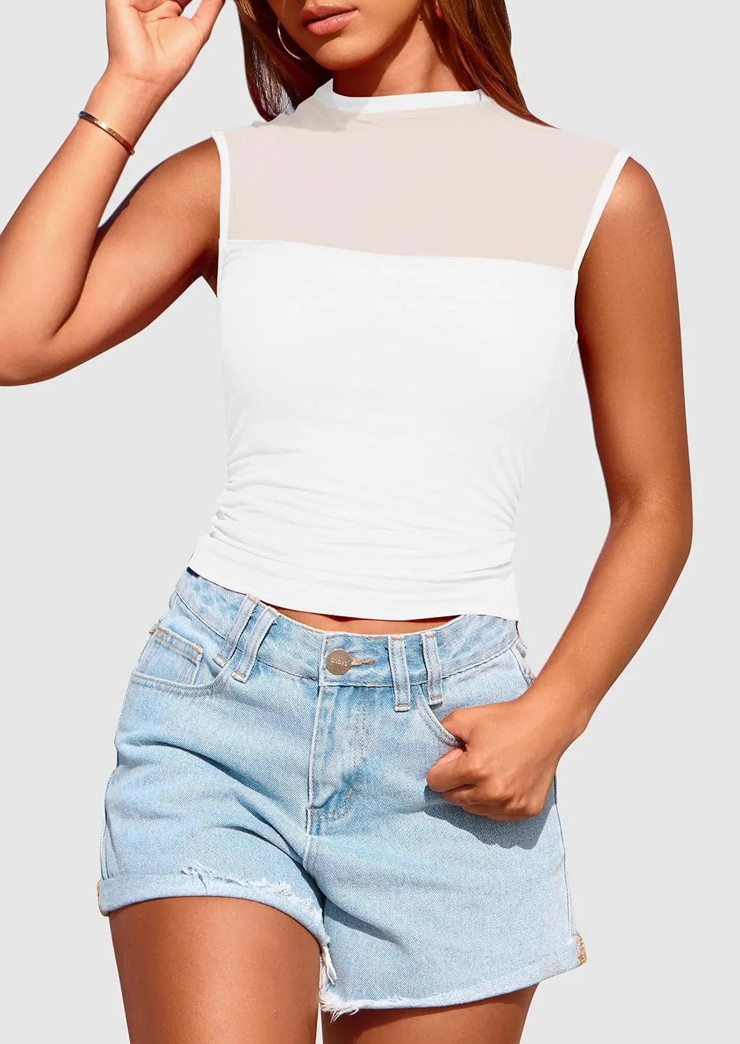 PRETTYGARDEN Women's Sheer Mesh Tank Tops 2025 Summer Trendy Casual Mock Neck Sleeveless Ruched Slim Fitted Going Out Shirts