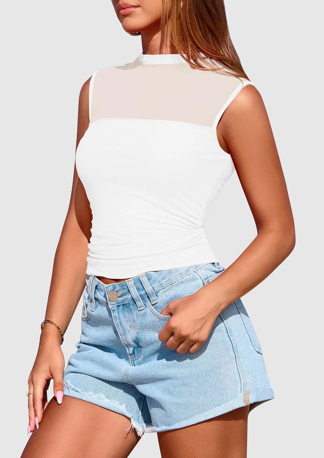 PRETTYGARDEN Women's Sheer Mesh Tank Tops 2025 Summer Trendy Casual Mock Neck Sleeveless Ruched Slim Fitted Going Out Shirts