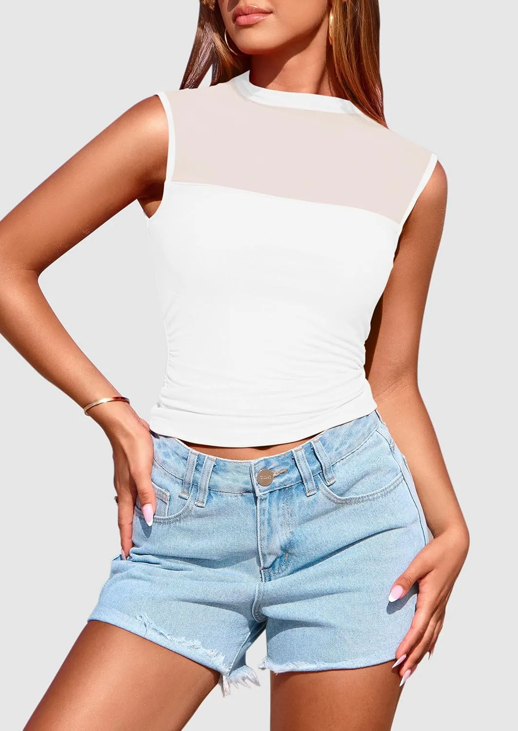 PRETTYGARDEN Women's Sheer Mesh Tank Tops 2025 Summer Trendy Casual Mock Neck Sleeveless Ruched Slim Fitted Going Out Shirts