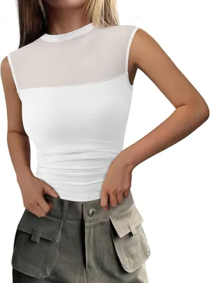 PRETTYGARDEN Women's Sheer Mesh Tank Tops 2025 Summer Trendy Casual Mock Neck Sleeveless Ruched Slim Fitted Going Out Shirts