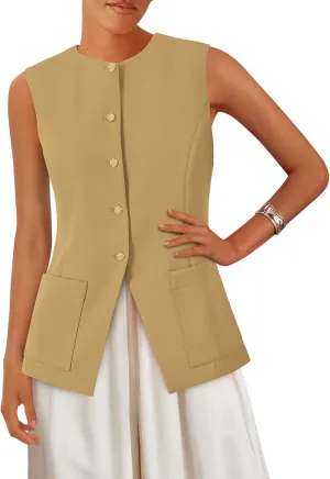 PRETTYGARDEN Women's Sleeveless Blazer Vest Summer 2025 Trendy Button Down Business Suit Vest Tops Outerwear Waistcoat