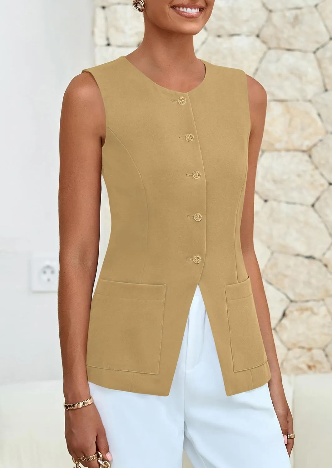 PRETTYGARDEN Women's Sleeveless Blazer Vest Summer 2025 Trendy Button Down Business Suit Vest Tops Outerwear Waistcoat