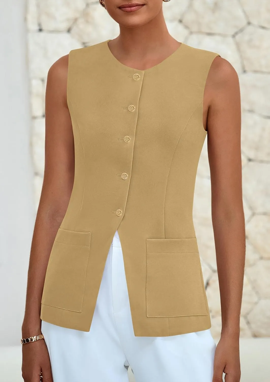 PRETTYGARDEN Women's Sleeveless Blazer Vest Summer 2025 Trendy Button Down Business Suit Vest Tops Outerwear Waistcoat