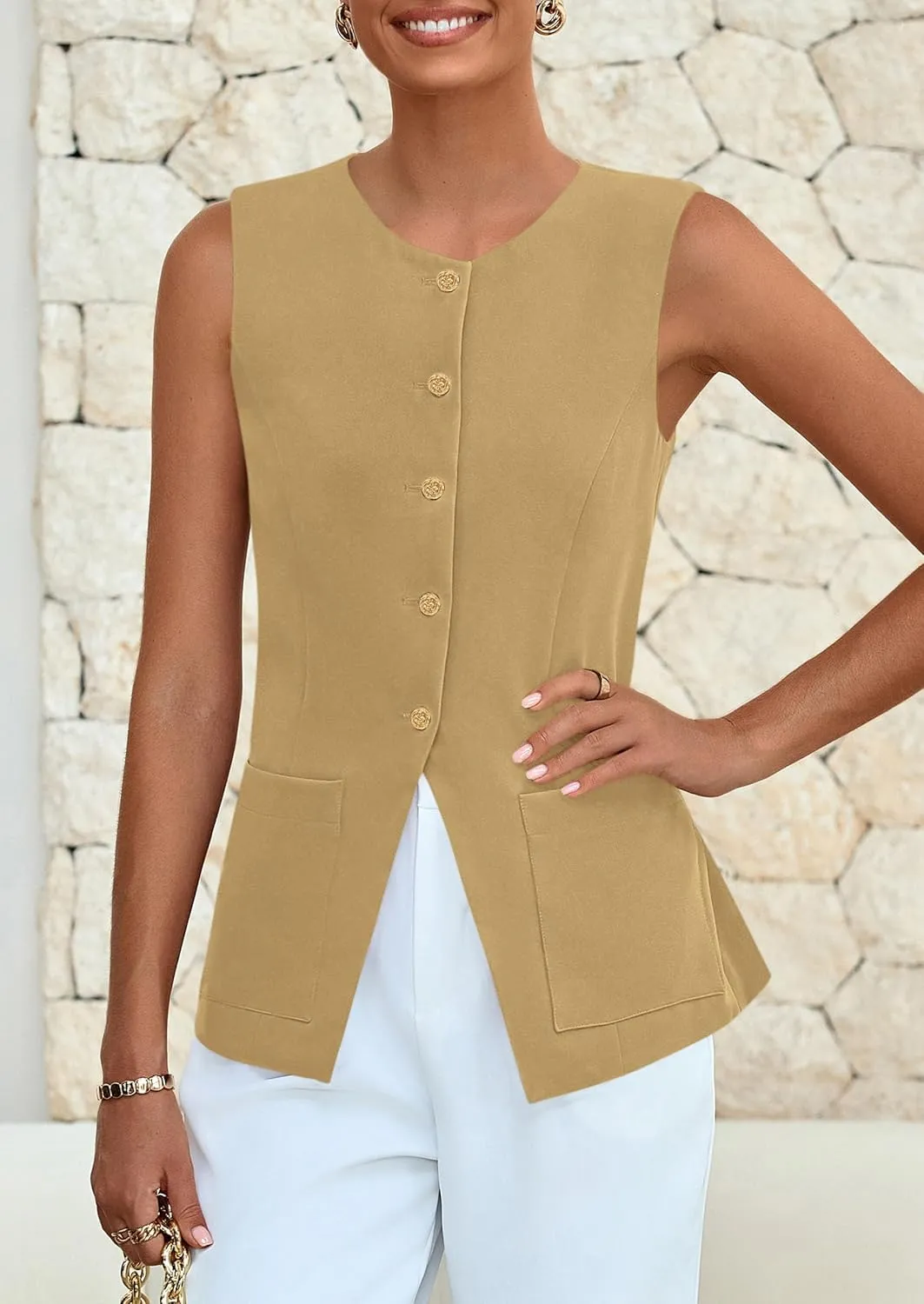 PRETTYGARDEN Women's Sleeveless Blazer Vest Summer 2025 Trendy Button Down Business Suit Vest Tops Outerwear Waistcoat