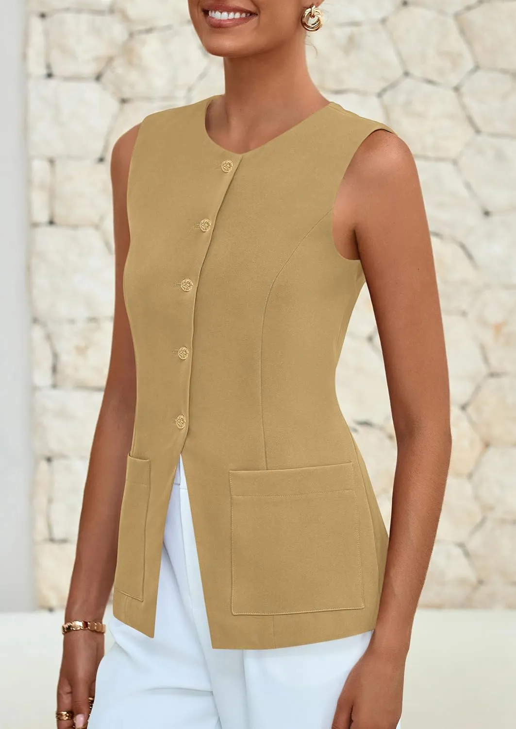PRETTYGARDEN Women's Sleeveless Blazer Vest Summer 2025 Trendy Button Down Business Suit Vest Tops Outerwear Waistcoat