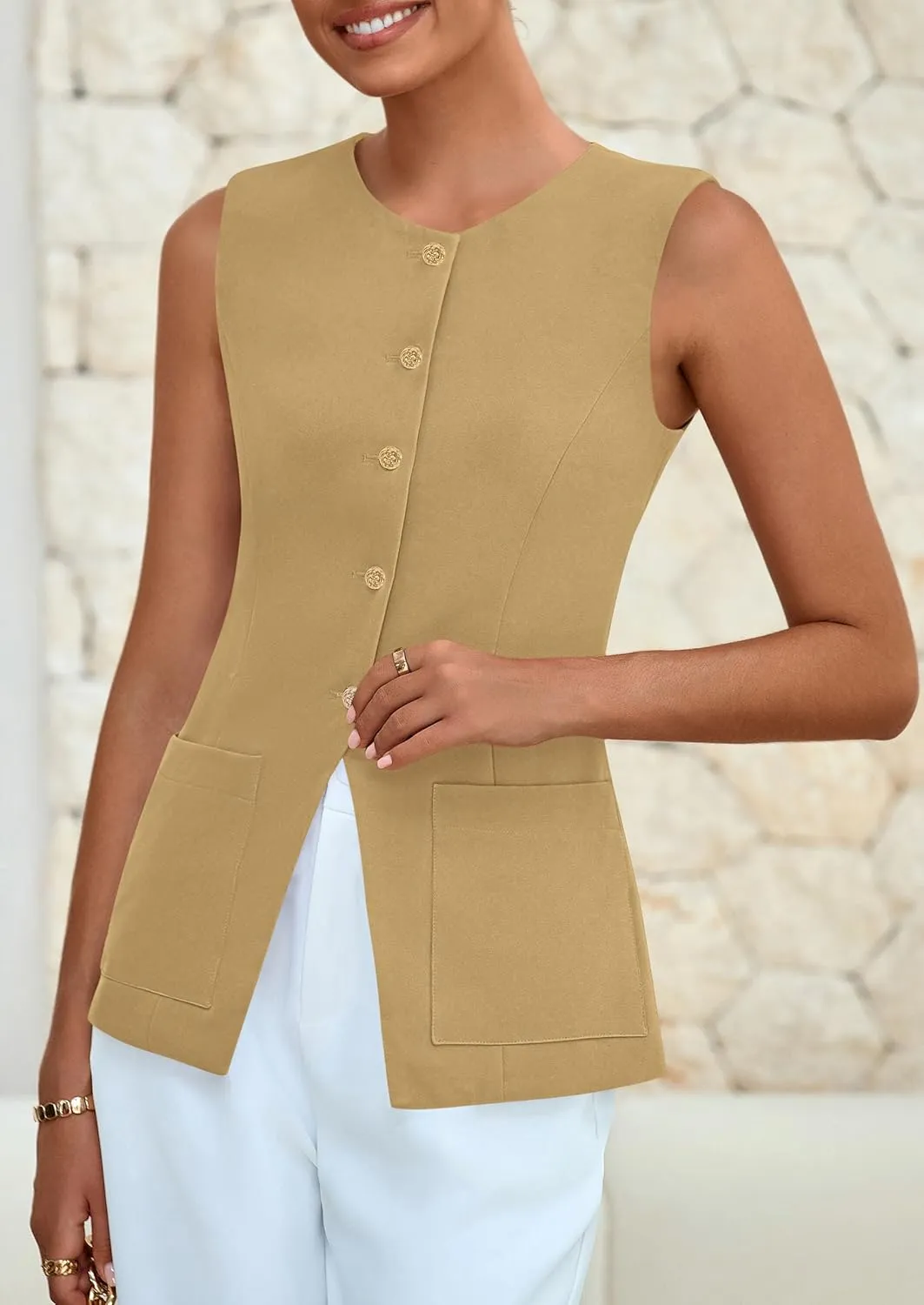 PRETTYGARDEN Women's Sleeveless Blazer Vest Summer 2025 Trendy Button Down Business Suit Vest Tops Outerwear Waistcoat