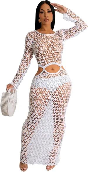Purubylley Women Sexy Long Sleeve Sequin Crochet Maxi Dress Beach Cover Ups Hollow Out Swimwear Bikini Cover Up Dress