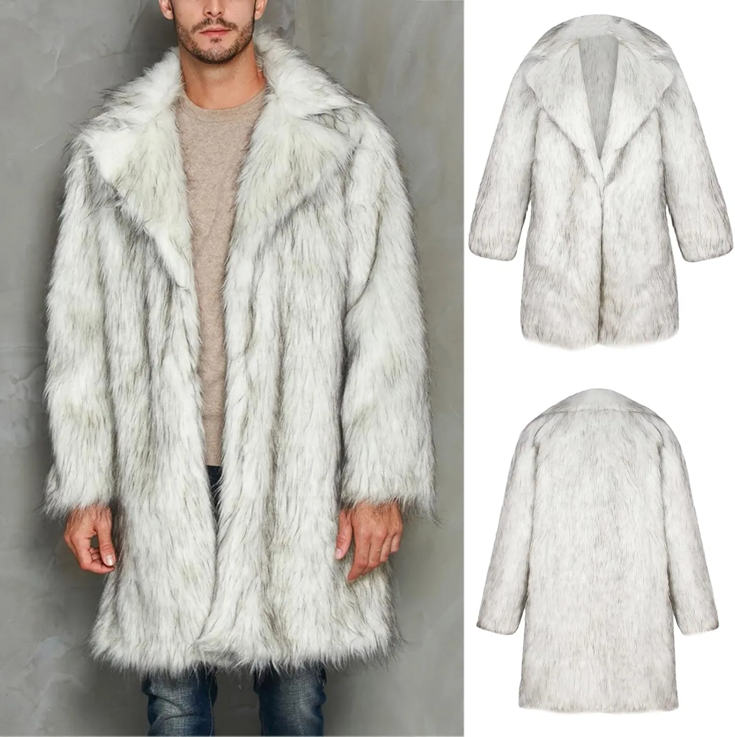 QWENTMTNTY Men's Fashion Faux Fur Coat Long Length Fashion Fluffy Heavyweight Coat Winter Plush Furry Luxury Parka Jacket