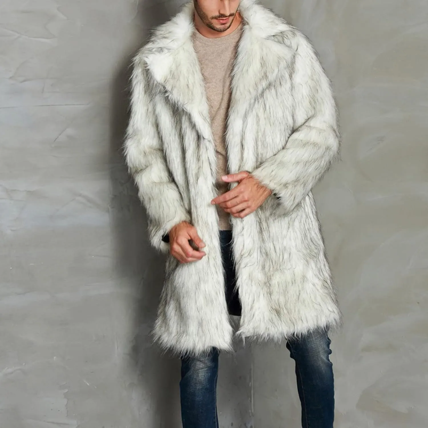 QWENTMTNTY Men's Fashion Faux Fur Coat Long Length Fashion Fluffy Heavyweight Coat Winter Plush Furry Luxury Parka Jacket