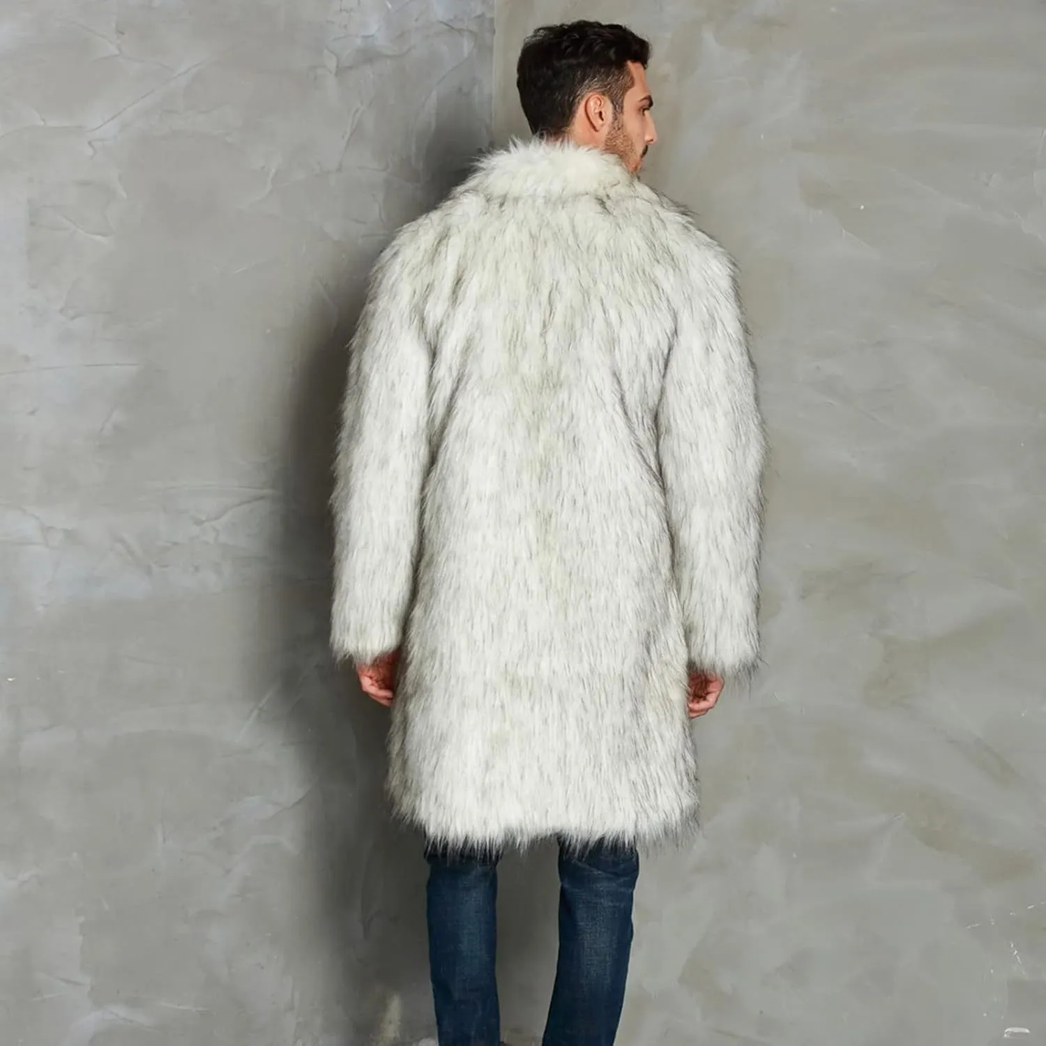 QWENTMTNTY Men's Fashion Faux Fur Coat Long Length Fashion Fluffy Heavyweight Coat Winter Plush Furry Luxury Parka Jacket