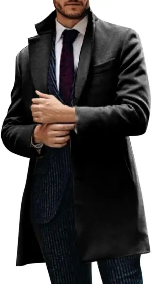QWENTMTNTY Wool Pea Coats for Men Winter Slim Fit Casual Single Breasted Trench Coat Mid-Length Thermal Business Peacoat