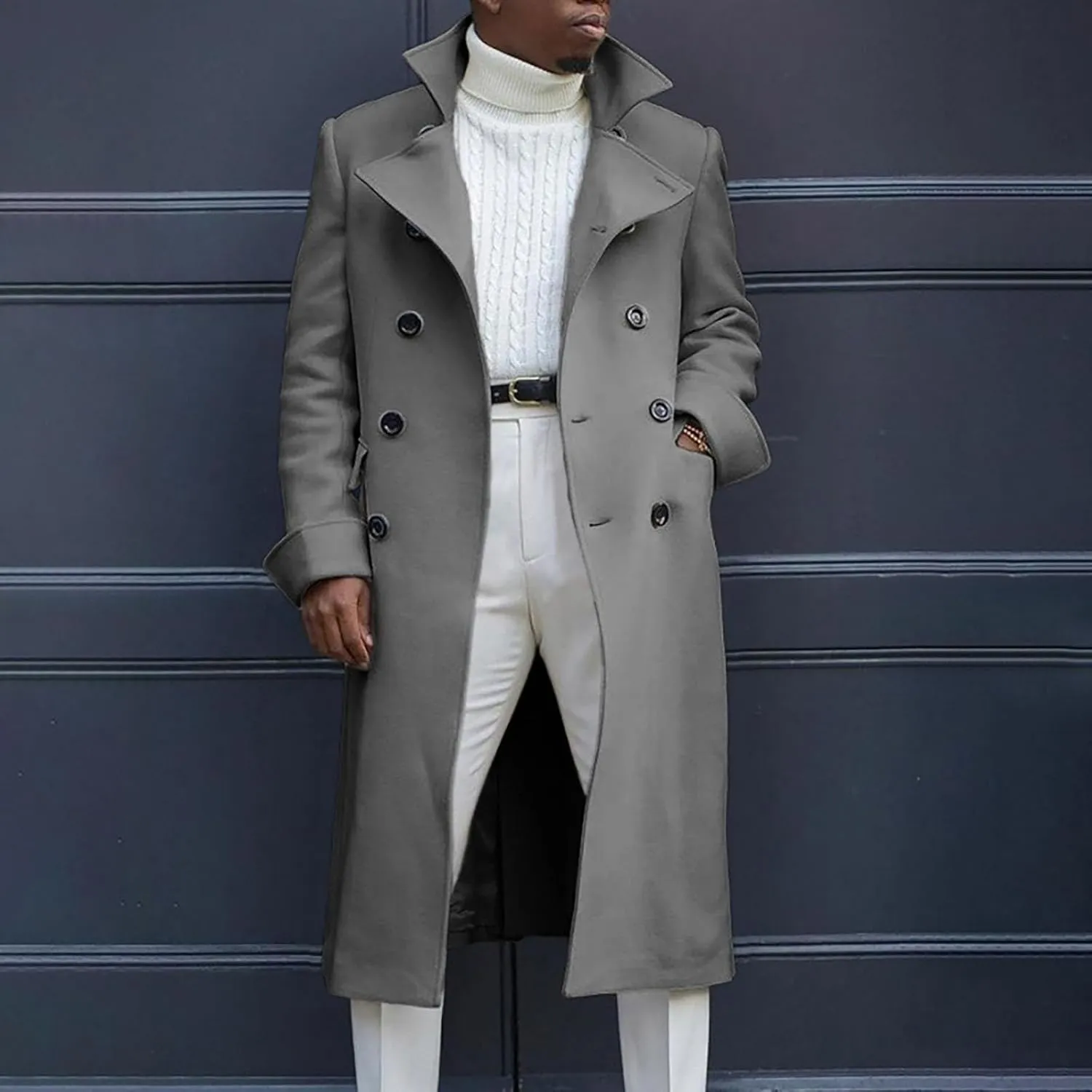 QWENTMTNTY Wool Pea Coats for Men Winter Slim Fit Casual Single Breasted Trench Coat Mid-Length Thermal Business Peacoat