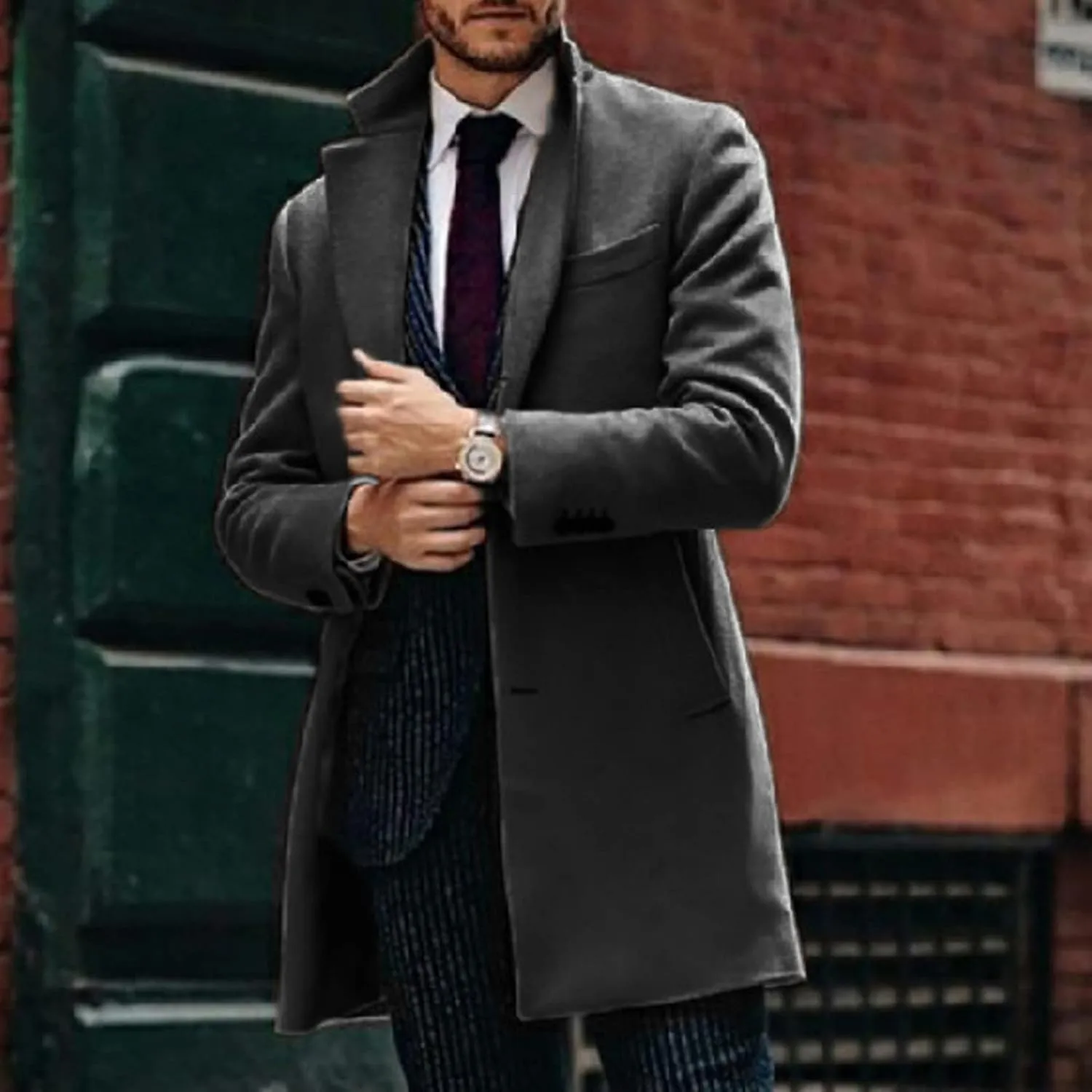 QWENTMTNTY Wool Pea Coats for Men Winter Slim Fit Casual Single Breasted Trench Coat Mid-Length Thermal Business Peacoat