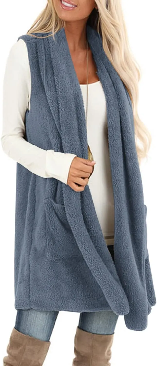 ReachMe Womens Sleeveless Sherpa Vest with Pockets Lapel Open Front Fleece Cardigan Sweater Fuzzy Jacket Coat