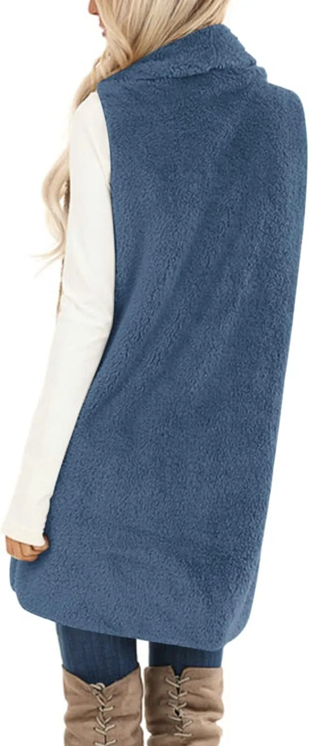 ReachMe Womens Sleeveless Sherpa Vest with Pockets Lapel Open Front Fleece Cardigan Sweater Fuzzy Jacket Coat