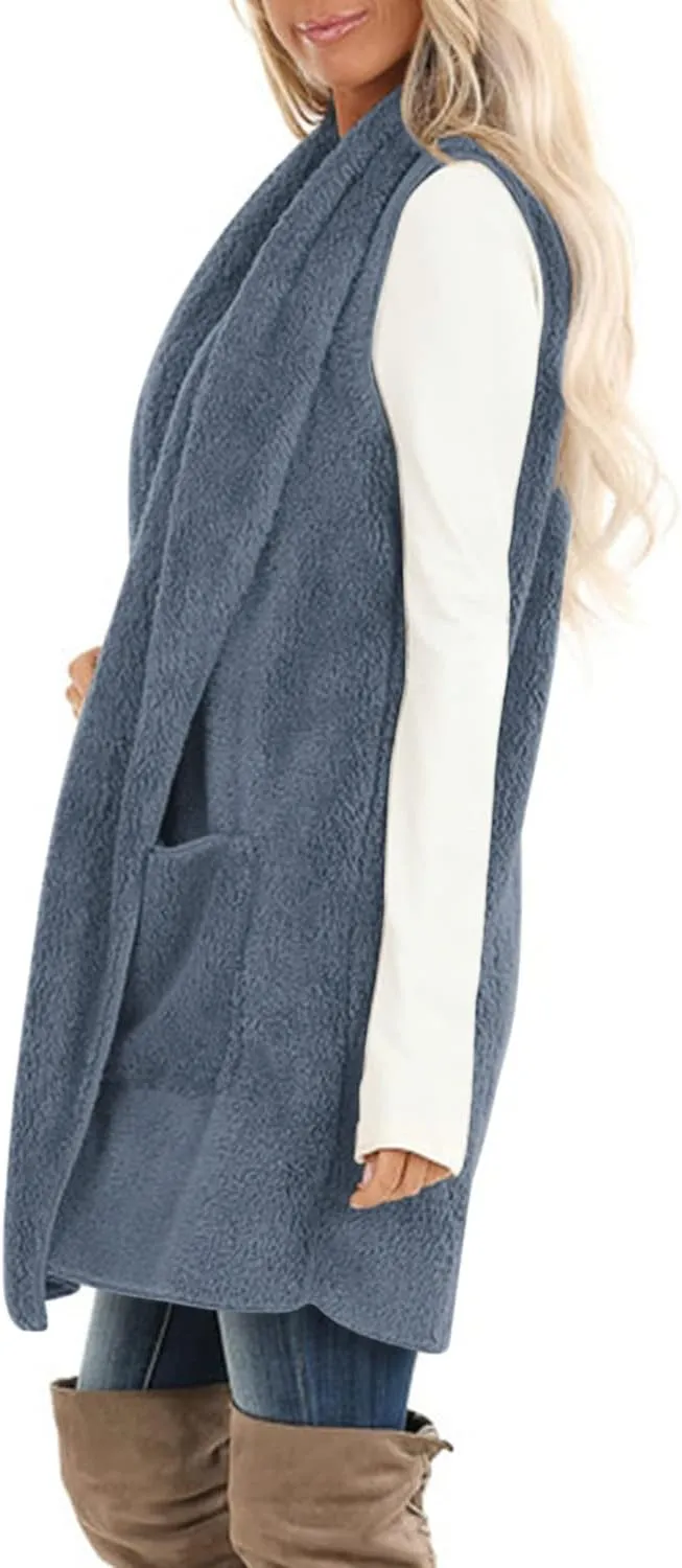 ReachMe Womens Sleeveless Sherpa Vest with Pockets Lapel Open Front Fleece Cardigan Sweater Fuzzy Jacket Coat