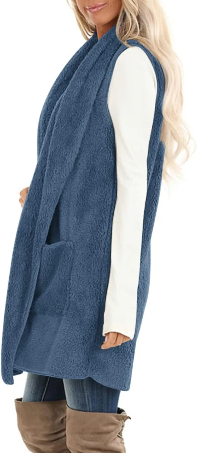 ReachMe Womens Sleeveless Sherpa Vest with Pockets Lapel Open Front Fleece Cardigan Sweater Fuzzy Jacket Coat