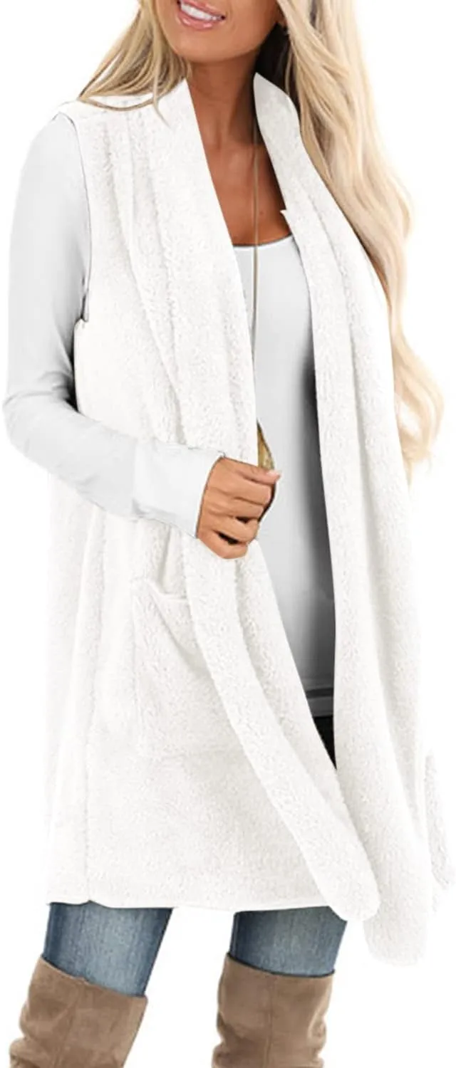 ReachMe Womens Sleeveless Sherpa Vest with Pockets Lapel Open Front Fleece Cardigan Sweater Fuzzy Jacket Coat