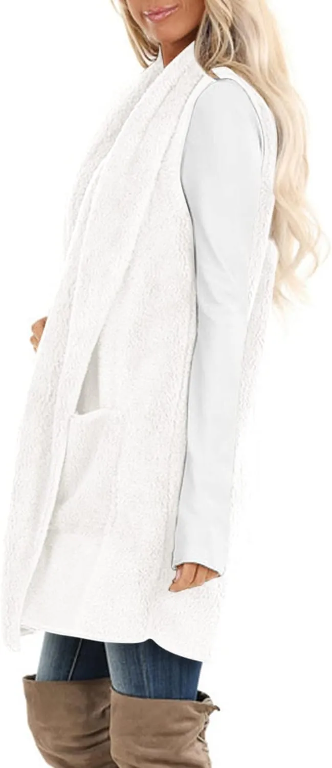 ReachMe Womens Sleeveless Sherpa Vest with Pockets Lapel Open Front Fleece Cardigan Sweater Fuzzy Jacket Coat