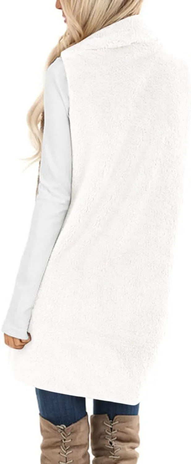 ReachMe Womens Sleeveless Sherpa Vest with Pockets Lapel Open Front Fleece Cardigan Sweater Fuzzy Jacket Coat