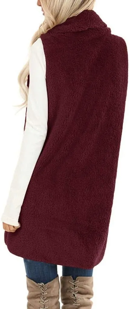 ReachMe Womens Sleeveless Sherpa Vest with Pockets Lapel Open Front Fleece Cardigan Sweater Fuzzy Jacket Coat