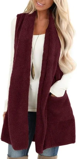 ReachMe Womens Sleeveless Sherpa Vest with Pockets Lapel Open Front Fleece Cardigan Sweater Fuzzy Jacket Coat