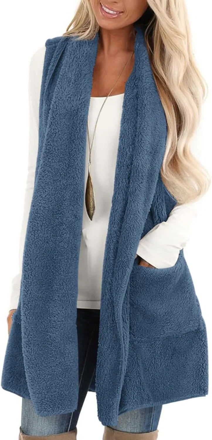 ReachMe Womens Sleeveless Sherpa Vest with Pockets Lapel Open Front Fleece Cardigan Sweater Fuzzy Jacket Coat