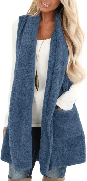 ReachMe Womens Sleeveless Sherpa Vest with Pockets Lapel Open Front Fleece Cardigan Sweater Fuzzy Jacket Coat