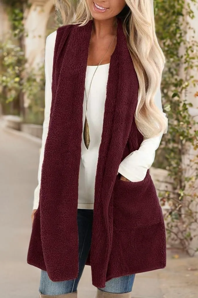 ReachMe Womens Sleeveless Sherpa Vest with Pockets Lapel Open Front Fleece Cardigan Sweater Fuzzy Jacket Coat